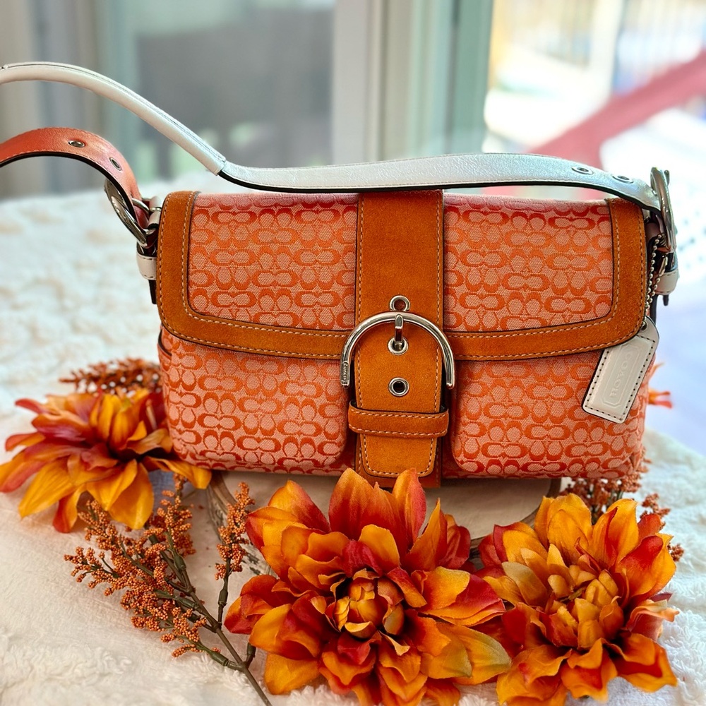 COACH 1444 Vintage Orange White Signature Fabric Leather Suede Y2K Bag LIKE NEW